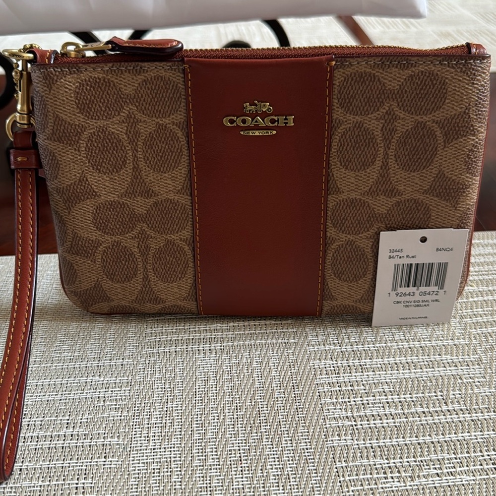 Coach Tan Rust canvas signature wristlet NWT